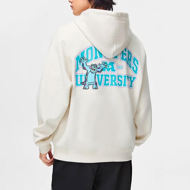 Li-Ning Disney Collaboration Series Monsters University Letter Cartoon Print Fleece Warm Loose Pullover Hoodie Unisex Hoodies Off-White AWDT815-2