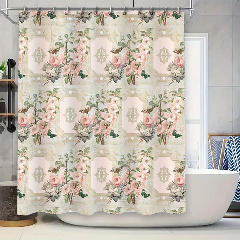

Vintage Floral Print Shower Curtain Pink White Green Decor Bath Rug Cover For Bathroom Size 72 X 84 Inches With Grommets Rustic 90x180cm