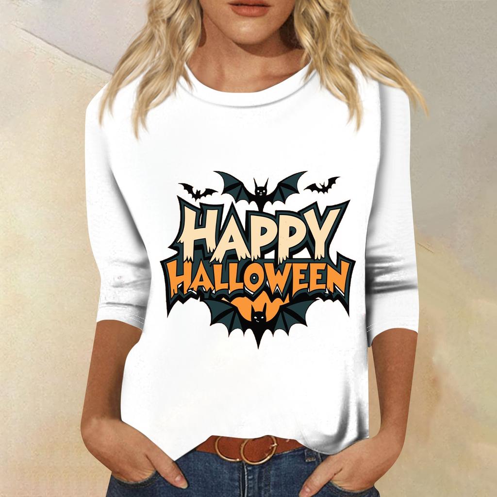Women's Fashion Casual Round Neck Three-quarter Sleeve Halloween Printed T-shirt Top