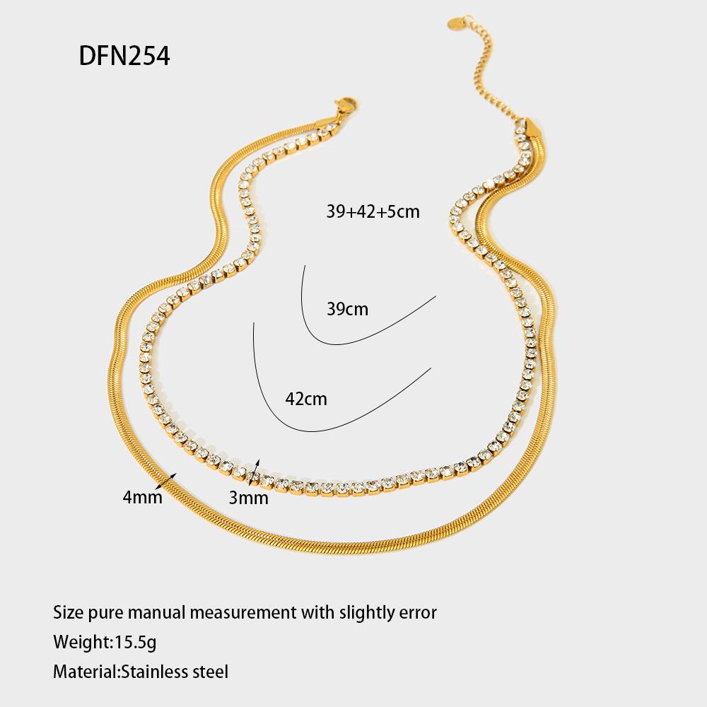 18K Gold European-American Luxury Tennis & Snake Chain Double-Layer Necklace - Stainless Steel, Waterproof, Versatile Clavicle Accessory