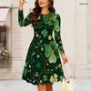 Women Plus Size Round Neck Long Sleeve Dark Blue Snowflake Printed A Line Dress