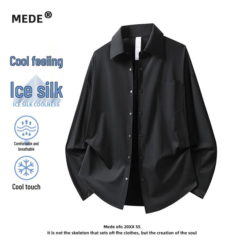 MEDE Men s Ice Silk Lapel Long Sleeve Shirt L
