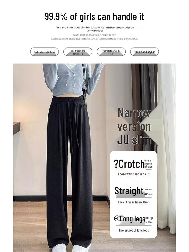 Petite Grey Glutinous Rice Style Straight Leg High Waist Pants (XS) - Women's Slim Fit, Wide Leg for Autumn/Spring