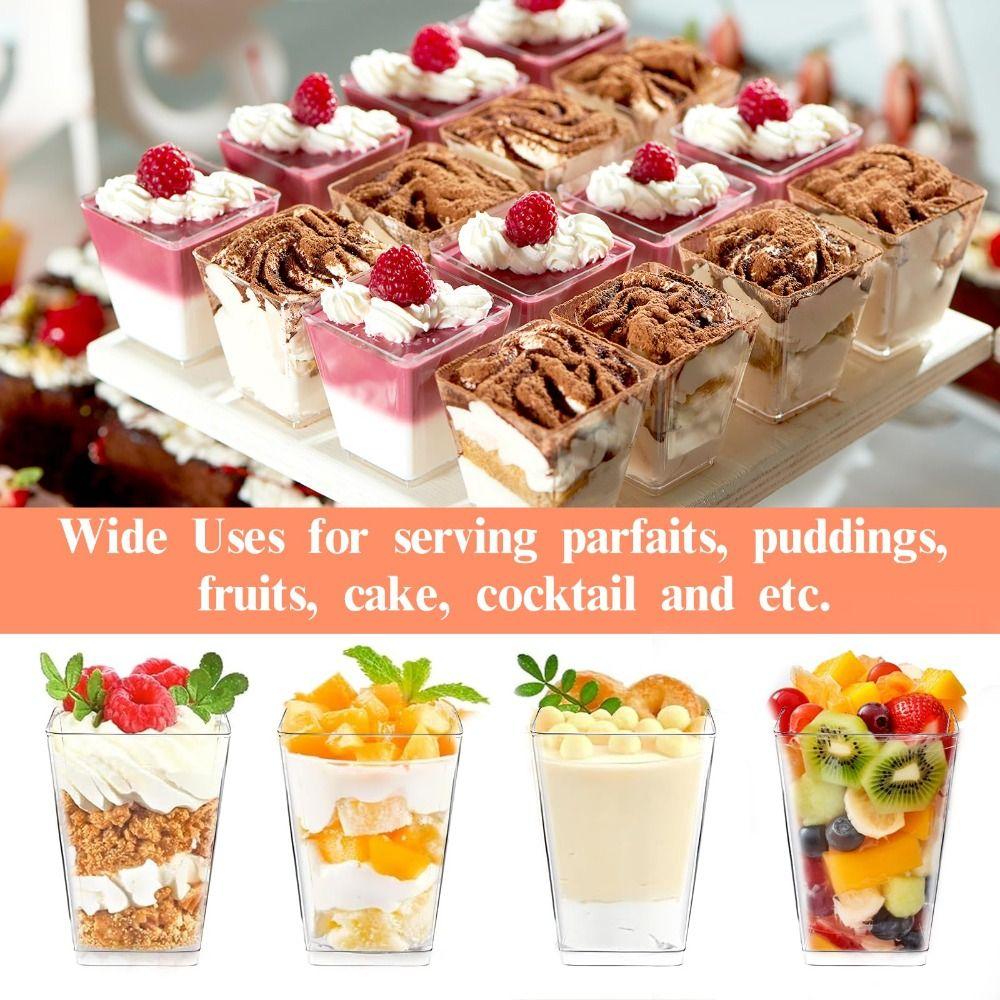 50PCS Durable With Lids Plastic Dessert Cups with Spoons Clear Square Cups Yogurt Parfait Cups Party