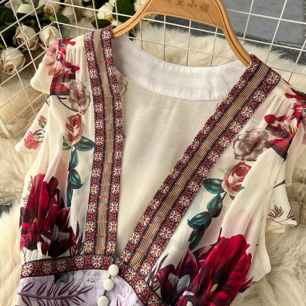 Summer Sweet Ethnic Style Retro Deep V-neck Wooden Ear Edge Sleeveless Printed Dress Women Cake Fairy Long Dress