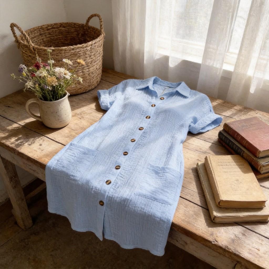 Günlük Yazlık Giyim İçin Düğme Detaylı Polyester A Kesim Elbise