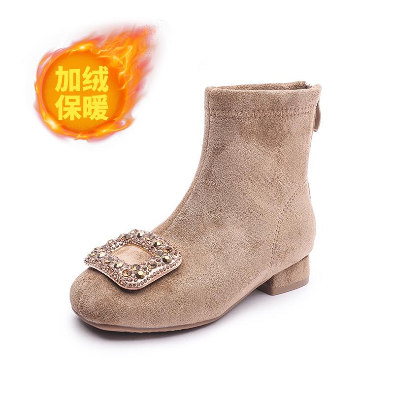 2025 new girls high heels shiny girls square head rhinestone buckle short boots autumn and winter warm temperament suede fashion boots