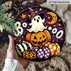 2D Flat, 1pc Round Waterproof Aluminum Halloween Boo Ghost Metal Sign, Cute Witch Hat Ghost Pumpkin Moon Plaque, Wreath Center Ornament, Front Door