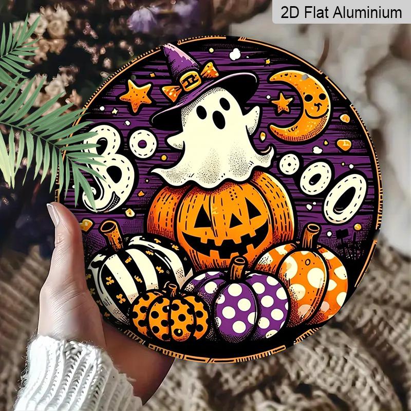 2D Flat, 1pc Round Waterproof Aluminum Halloween Boo Ghost Metal Sign, Cute Witch Hat Ghost Pumpkin Moon Plaque, Wreath Center Ornament, Front Door