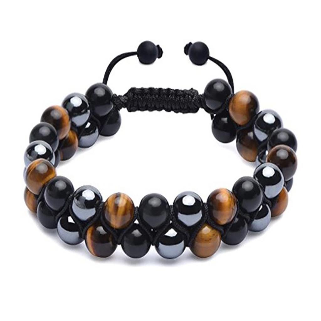 Tiger Eye Bracelet 8mm Tiger"s Eye Black Stone Beads Stretch Cord Bracelet Adjustable Double Layer
