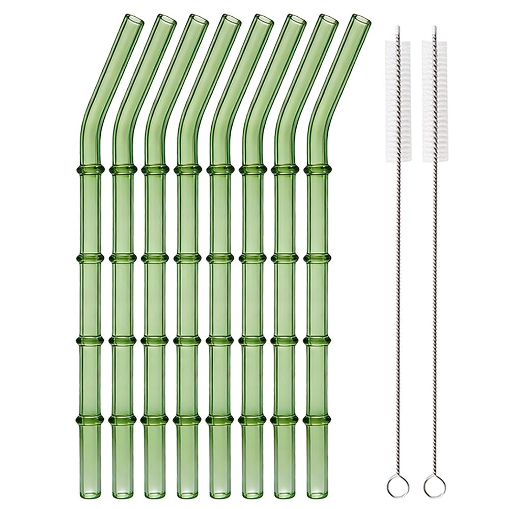 5/10Pcs Reusable Glass Straw with Brush Green Bamboo-shaped Straws Set Suitable for Milkshakes Juices Coffee Bar Accessories