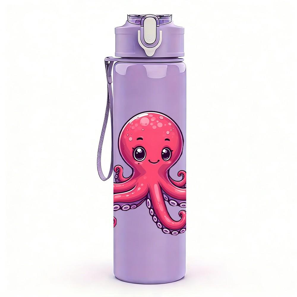 1PC Pink Octopus Ocean Animal Pattern 750ml Color Plastic Sports Water Bottle Leakproof Flip Straw Lid Suitable for Sports Office Home Use