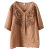 Cotton and Linen Tops Women's Heavy Industry Temperament Loose Short-sleeved Shirts Retro Literary Pullover Embroidery Plus Size Summer
