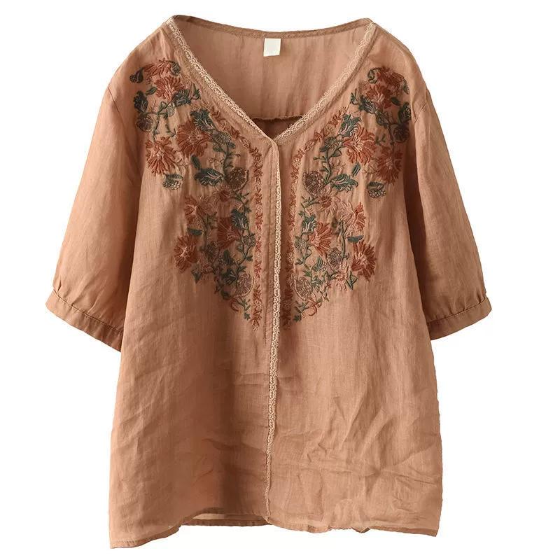 Cotton and Linen Tops Women's Heavy Industry Temperament Loose Short-sleeved Shirts Retro Literary Pullover Embroidery Plus Size Summer