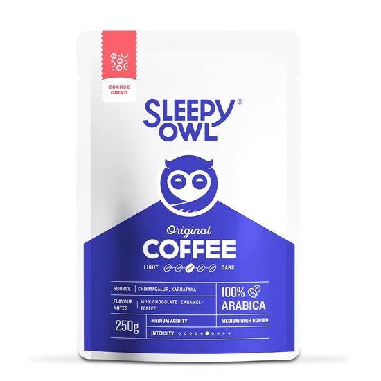 Sleepy Owl Ground Coffee for French Press | 100% Arabica Beans | Medium Roast - Original Flavour | Coarse Grind for Fresh Hot & Cold Brew | 250 gm