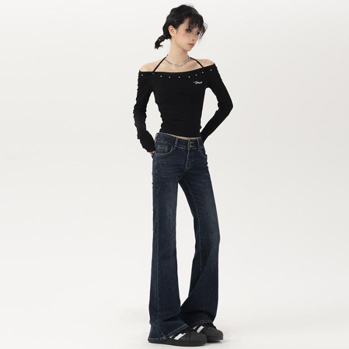 Retro American micro-pull jeans women's autumn and winter new low-waist hip-lift washed thin elastic floor-mopping flared pants