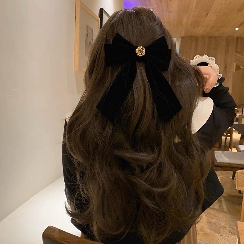 Nouvelles épingles à cheveux en velours noir avec nœud et ruban, élégantes pinces à cheveux camélia en tissu pour femmes, accessoires de coiffure tendance pour queue de cheval