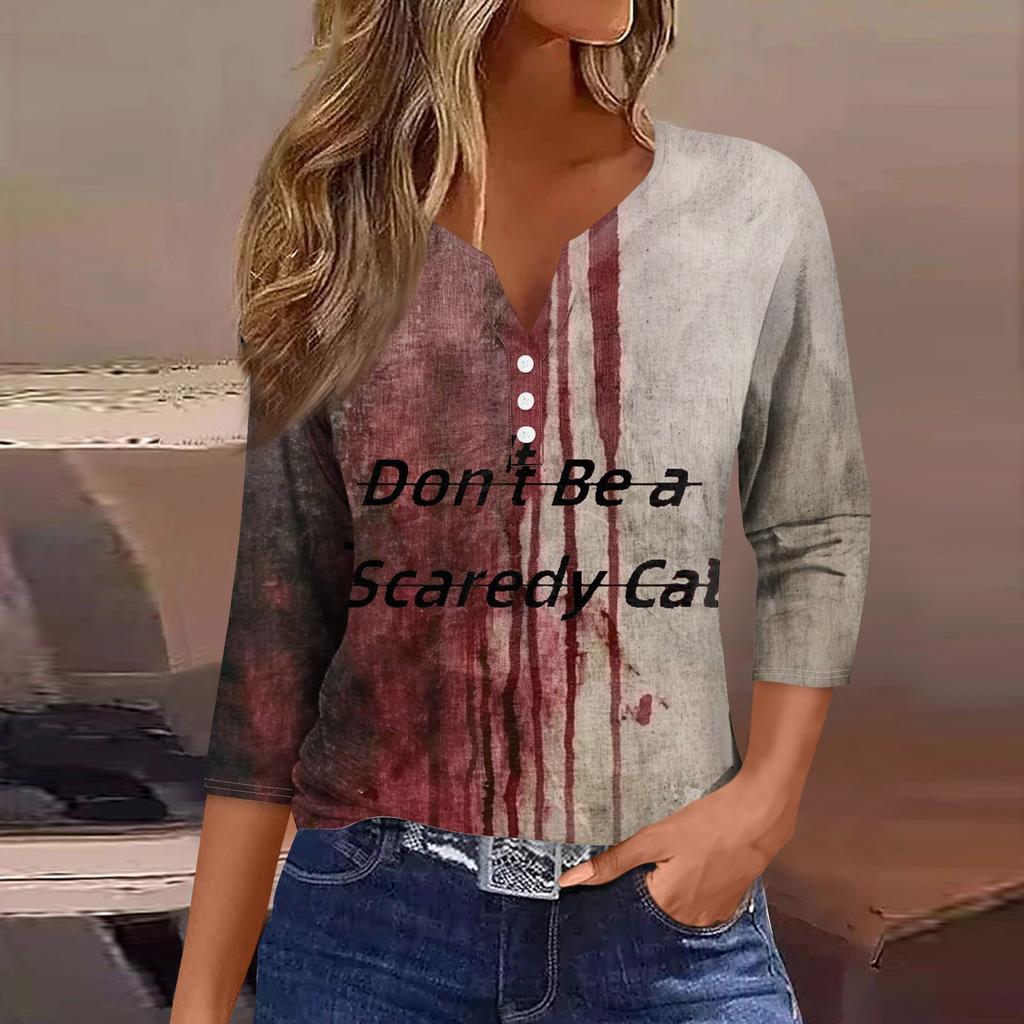 Damenmode Lässig Halloween Bedruckt V-Ausschnitt Kurzarm Dekorativer Knopf Dreiviertelarm T-Shirt Tor