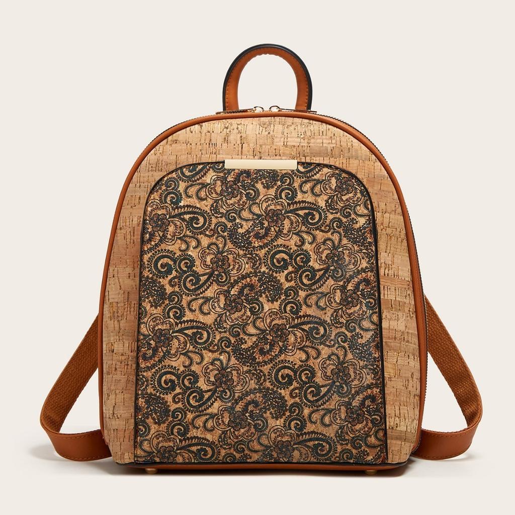 Cork Backpack for Women Bohemian Style Daypacks Vintage Printed Satchel Purse Teenager School Bag Women's Lightweight Multipurpose Travel Work Handbag