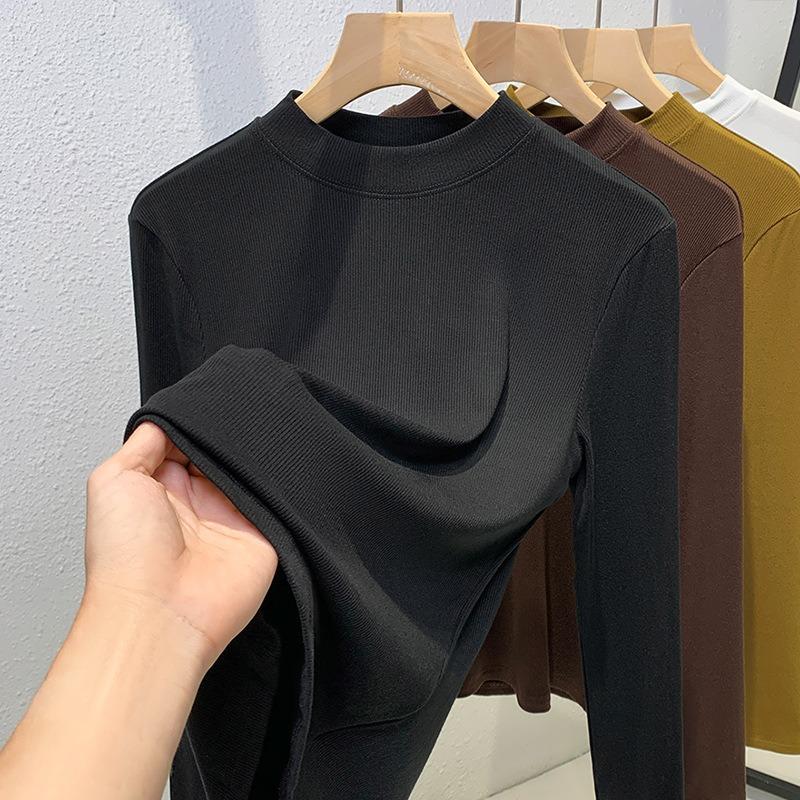 Threaded Bottomed Shirt Women's New Women's Clothing Temperament Stand-up Collar Long-sleeved T-shirt Waist and Elastic Top