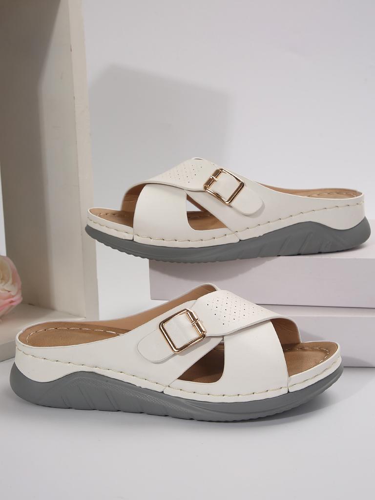 Summer new slope heel thick-soled slippers cross-strap buckle fish mouth cool slippers foreign trade large size hollow beach slippers