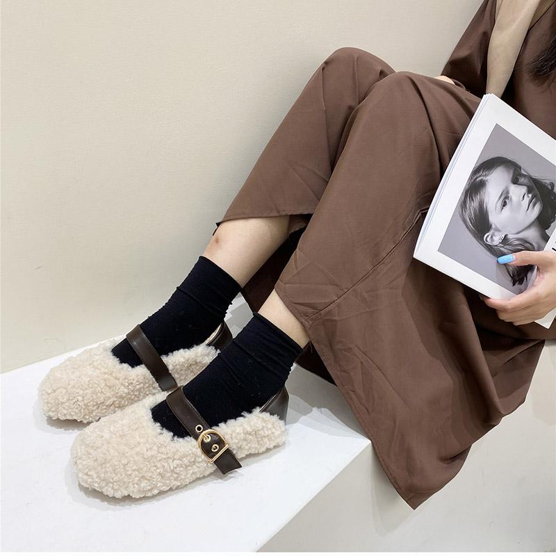 Mode Vår Lammhår Kvinnor Balett Loafers Flats Mode Grunda Slip-on Damer Päls Mary Jane Skor Mjuka Utomhus Mormorsskor