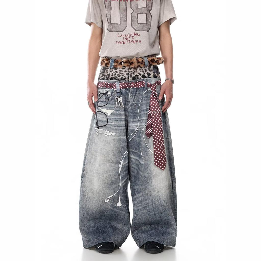 Leopard print double pants jeans new high waist loose versatile pendant wide leg pants