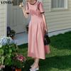 VONDA Women Summer Casual O-Neck Short Sleeve Stitching Dress Sundress