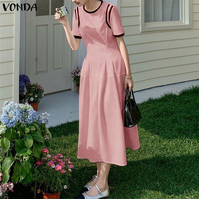 VONDA Women Summer Casual O-Neck Short Sleeve Stitching Dress Sundress