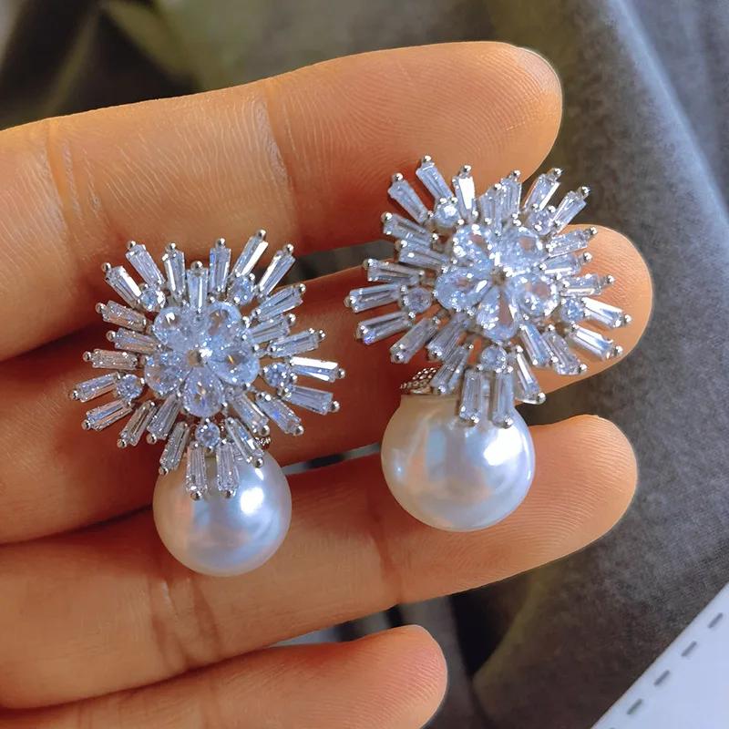 Simple Stylish Simulated Pearl Earrings with Cubic Zirconia Fashionable Women Silver Color Luxury Trendy Jewelry