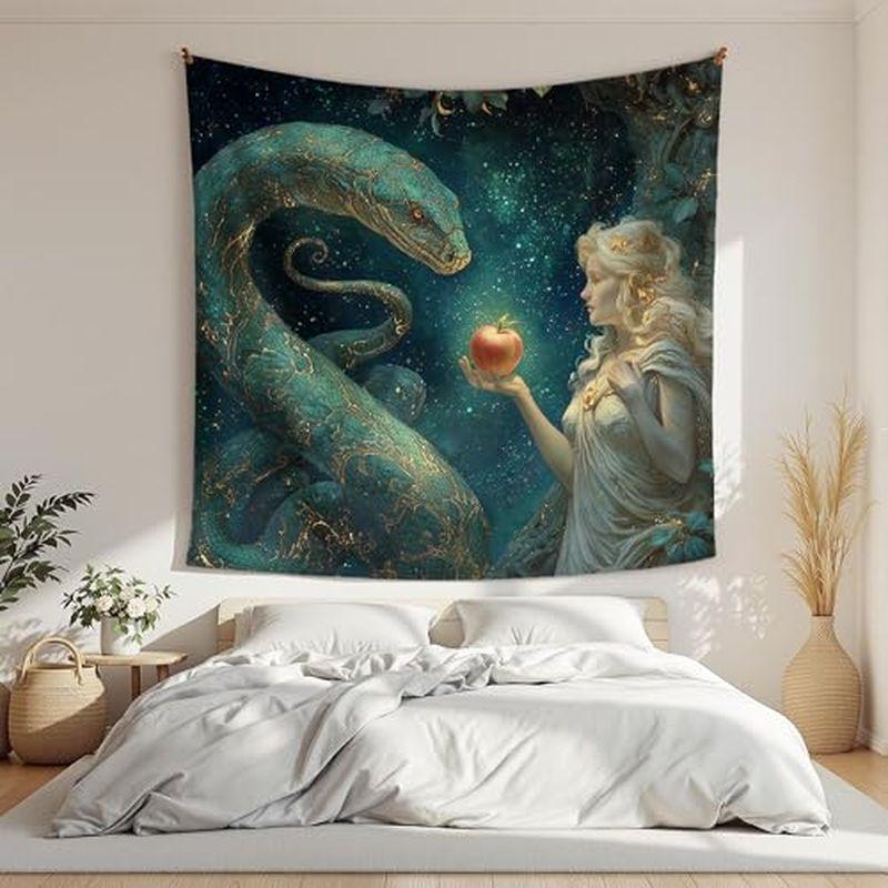 Eve Snake Apple Garden Eden Myth Wall Tapestry Dark Green Starry Sky Serpent Blonde Woman Fruit Oil Painting Bedroom Soft