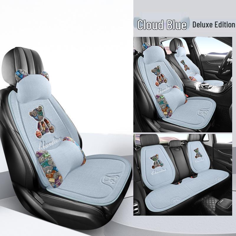 Four Seasons Universal Linen Car Seat Cushion - Cartoon Bear, Breathable, Half-Wrap Rear Seat Cover