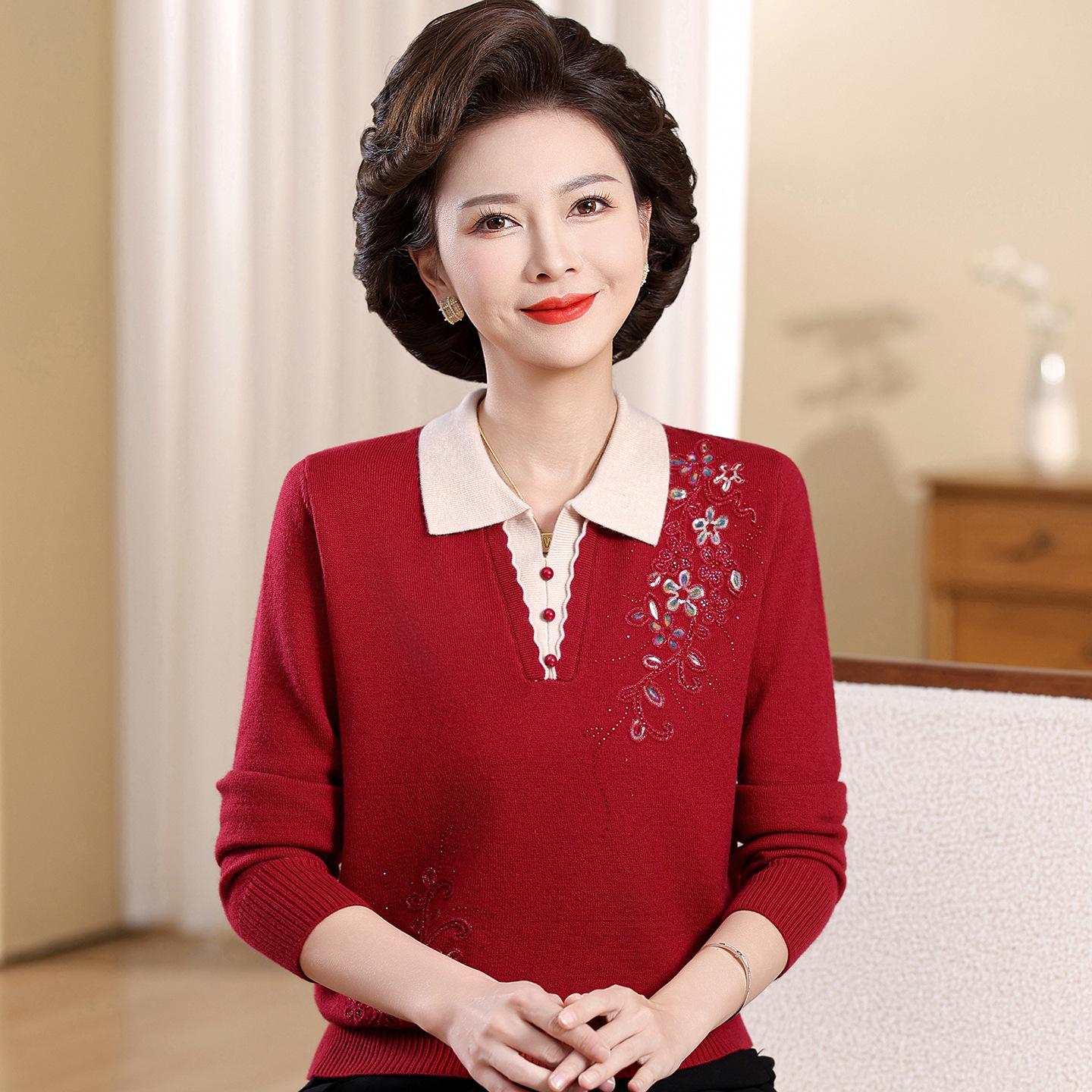 Elegant Embroidered Knit Lapel Sweater for Middle-Aged & Elderly Women - Autumn/Winter Style 2XL (120-135 jin)