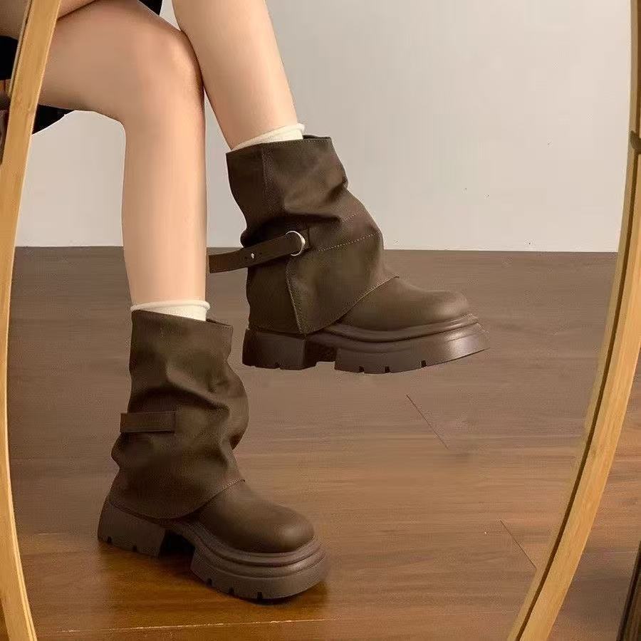 Stivali alla Moda Nuovi Stivali Marroni Autunno e Inverno Stivali a Pelo Stivali con Plateau Pantaloni Stivali Martin Neri