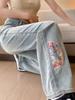 Woman High Waist Embroidery Trousers Lady New Chinese Style Thin Wide Leg Jeans Girls Light Blue Narrow Straight Leg Pants
