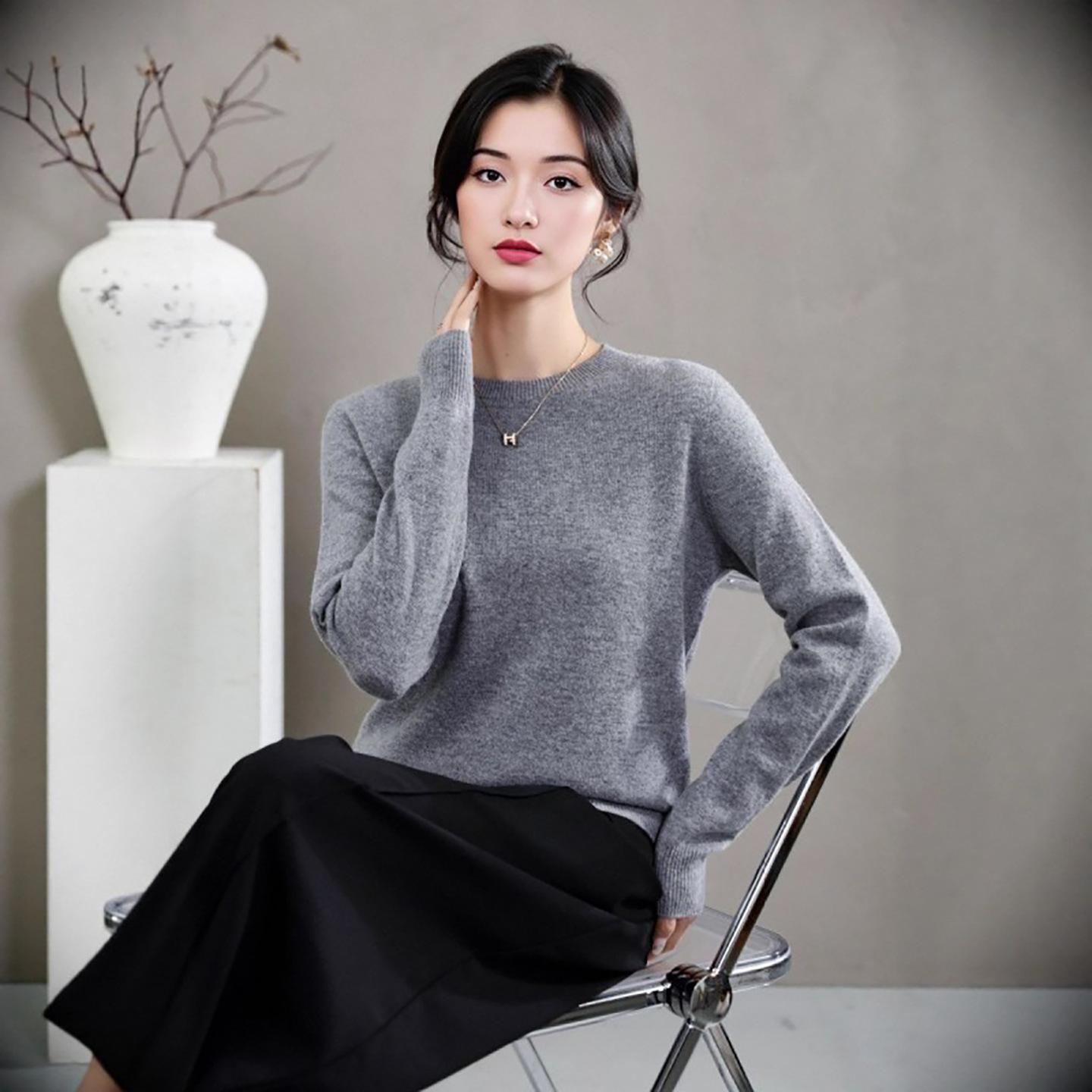 

Women s Round Neck Cashmere Sweater: Autumn & Winter Versatile Long Sleeve Knit Top, Solid Color Fashion Basic. Large
