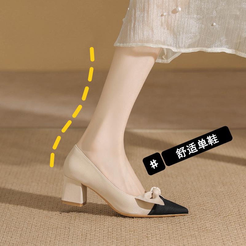 Gentle shoes pointed head shallow mouth thick heel single shoes women bow temperament versatile high heels women