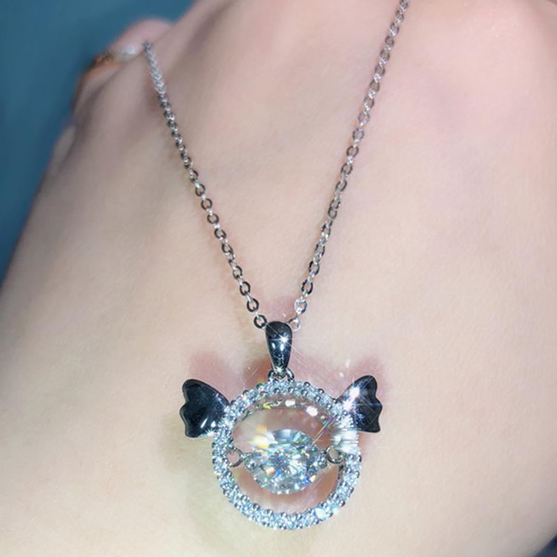 Dual Devil Wing Hollow Circle Floating Moving Center Cubic Zirconia Pendant Necklace