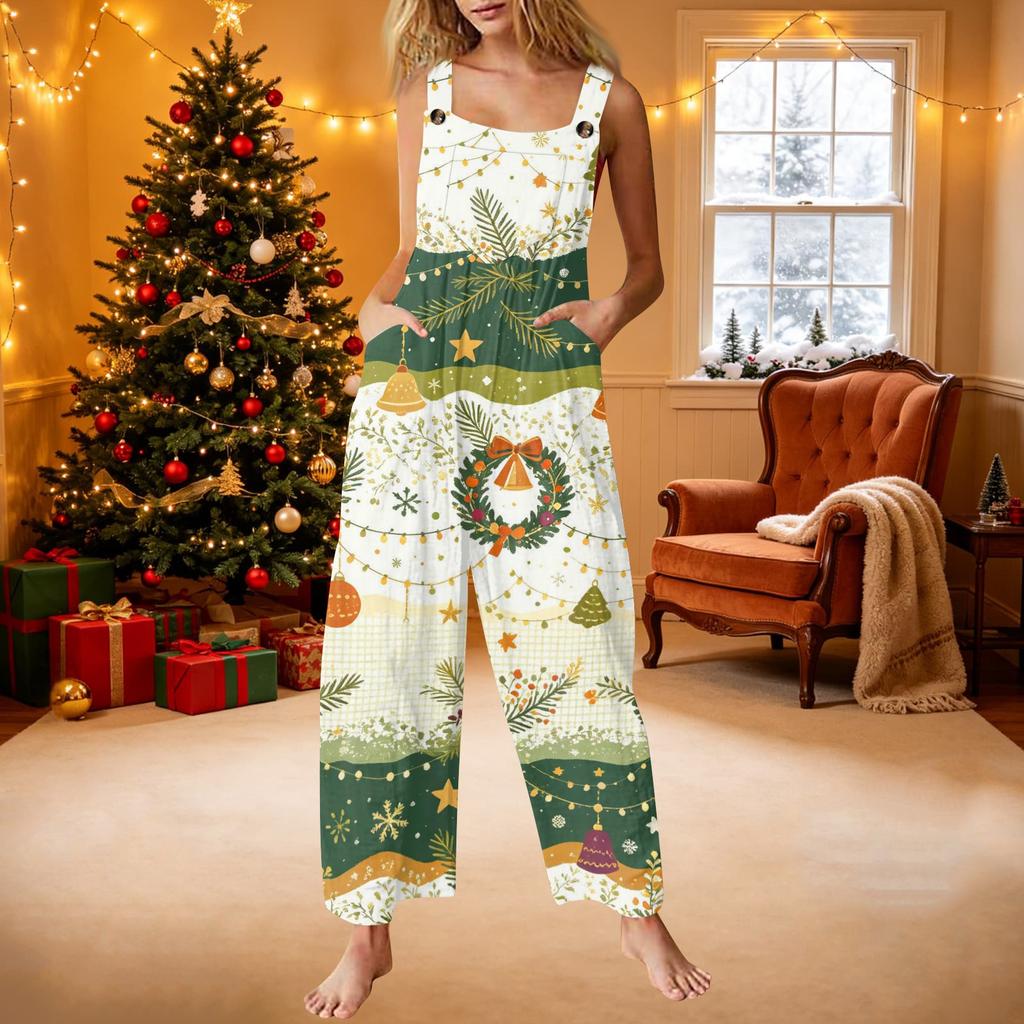 Women's Casual Christmas Print Loose Fit Retro Suspender Overalls