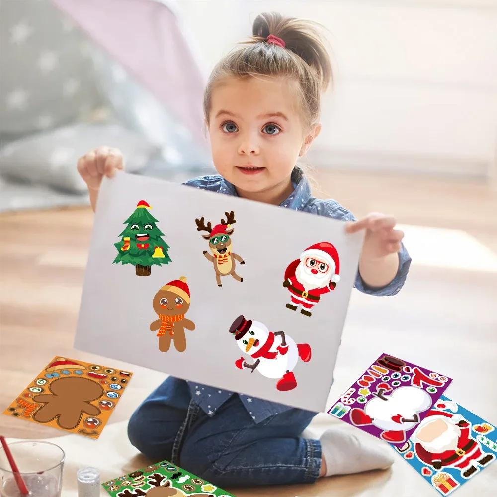Non-Toxic 8Pcs Christmas Puzzle Stickers Kids Cartoon Santa Snowman Xmas Tree Stickers Party Decoration Diy Assemble Waterproof Stickers