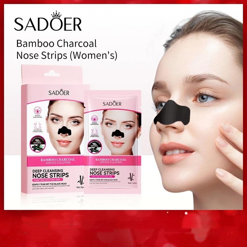 Sadoer 6Pcs Bamboo Charcoal Clean Nose Patches Face Cleansing Quickly Remove Blackheads Comedones Shrink Pore Skin Care Mask