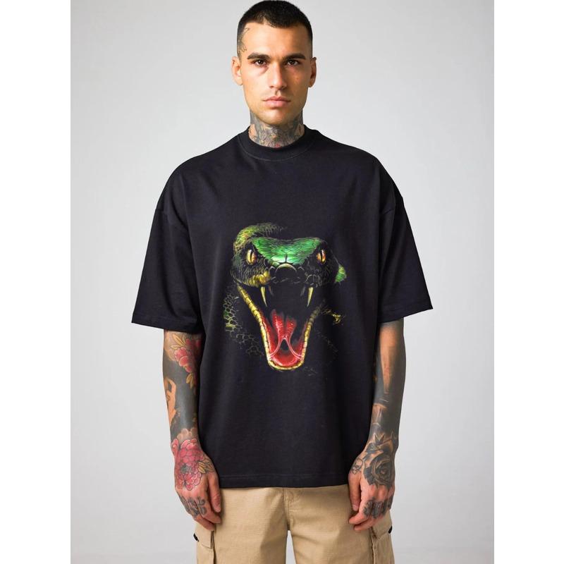 Oversized Crewneck T Shirt Black Snake Head Print Streetwear Casual Wear