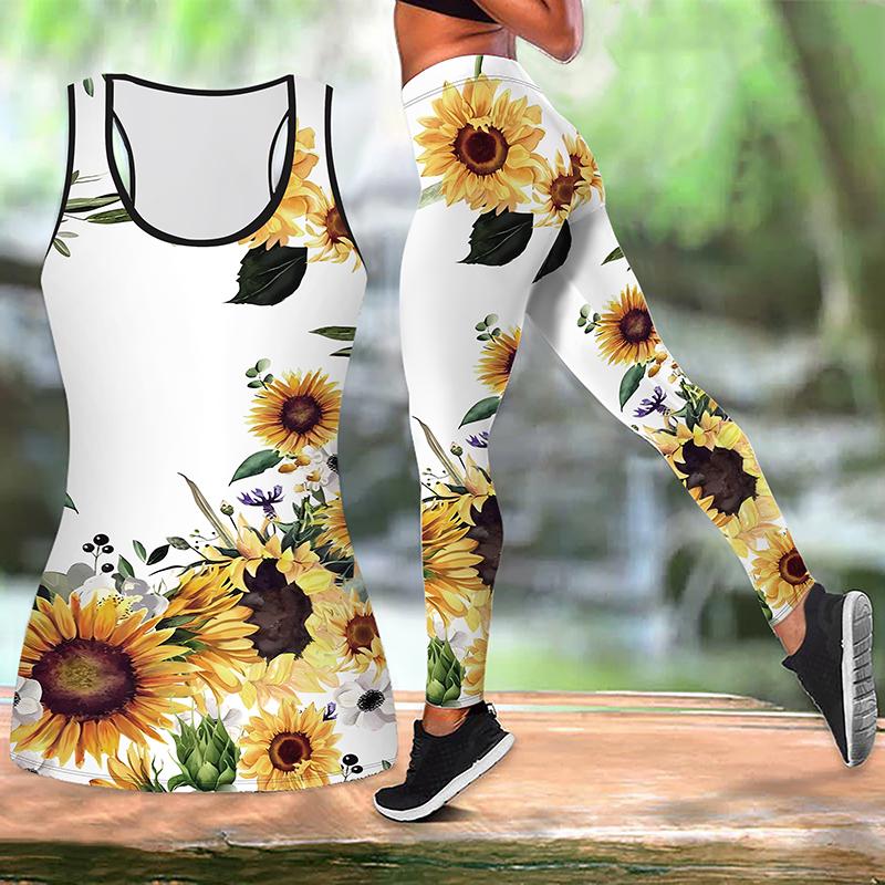 Sunflower Print Yoga Outfit for Women Fashion Workout Leggings Fitness Sports Casual Yoga Pants
