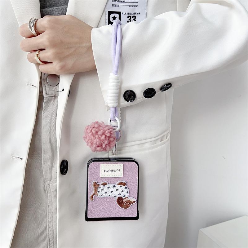 Cartoon PU Leather Phone Case for Samsung Galaxy Z Flip 6 5 4 3 Flip6 Flip5 Flip4 Flip3 5G Wrist Strap Hinge Protective Cover