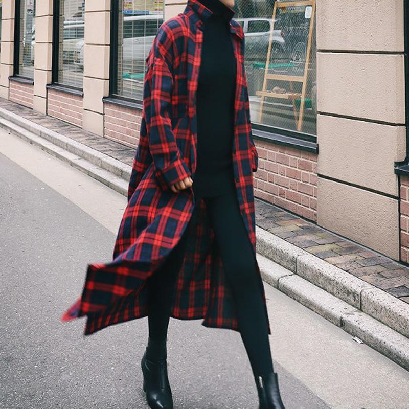 Nowa koszula w kratę z długim rękawem dla kobiet, styl koreański, średniej długości, luźna, za kolano, koszula w stylu casual z rozcięciem