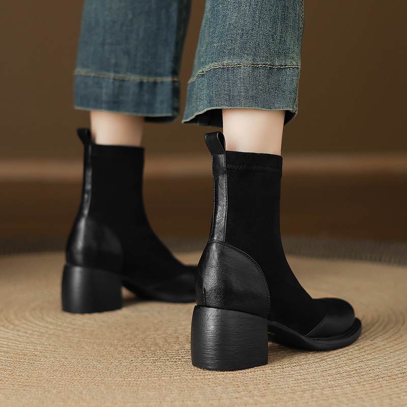 Krazing Po Microfiber Flock Winter Round Toe Size 33 Chelsea Boots Size 43 Zipper Thick High Heels Elastic Ankle Boots