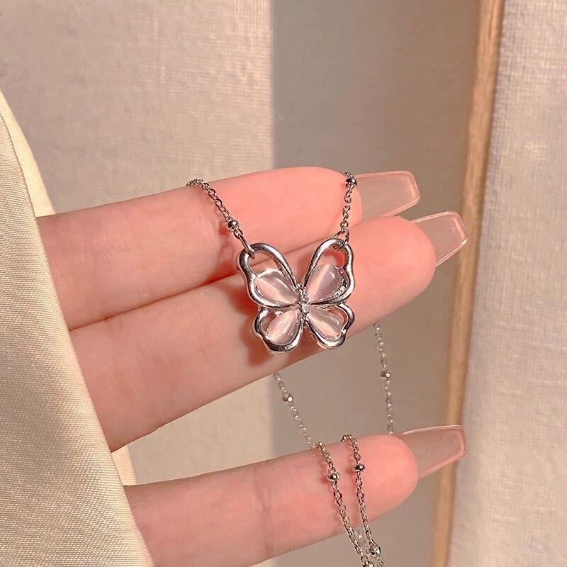 IF ME Simple Butterfly Silver Necklace for Women Chain Pink Crystal Choker Accessories Jewelry