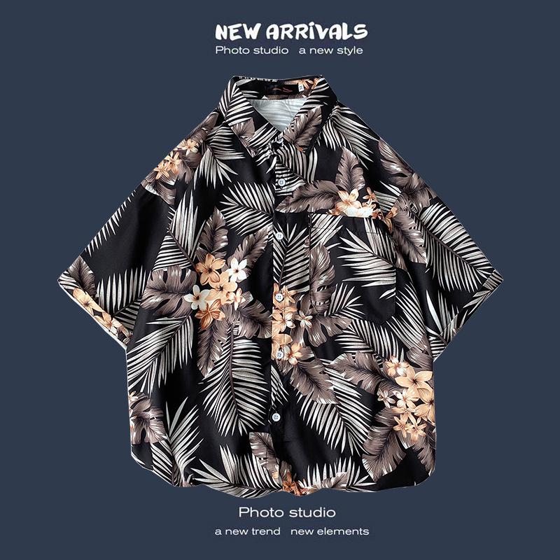 Letnia Koreańska Retro Kwiatowa Para Luźna Koszula z Krótkim Rękawem - Męski Modny Styl