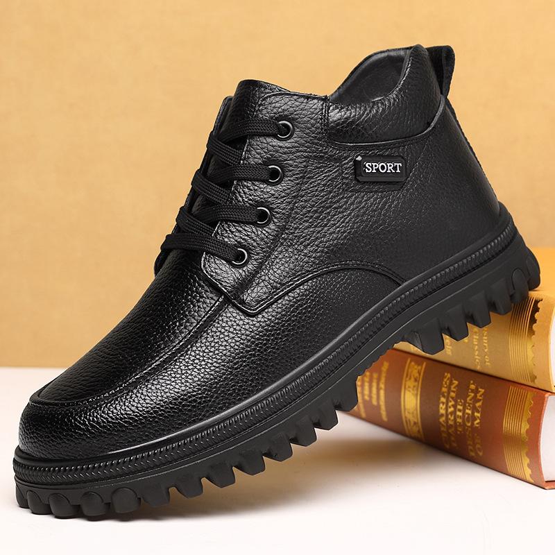 

Мужские высокие хлопковые ботинки, зимние бархатные теплые кожаные шерстяные сноубутсы, повседневные нескользящие водонепроницаемые износостойкие хлопковые кожаные ботинки 47 чёрный