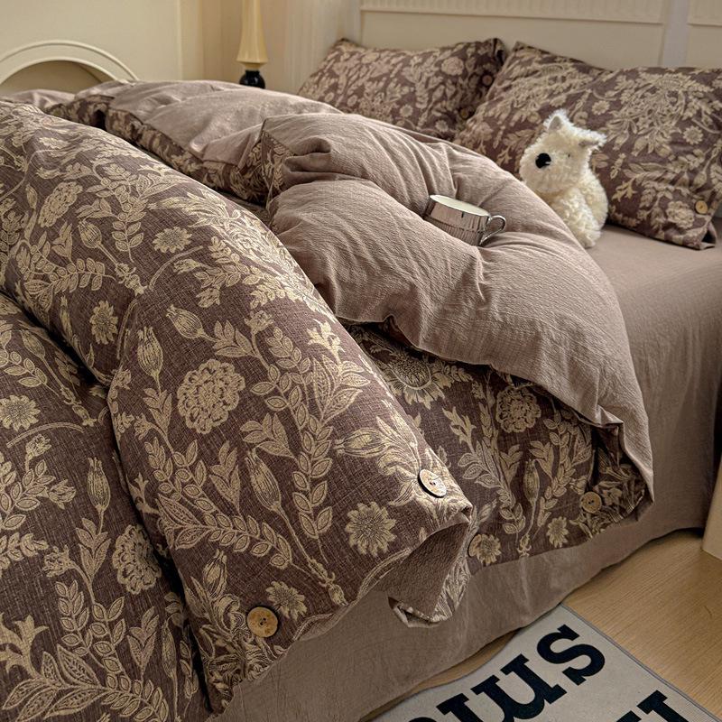 Retro Floral Linen Bedding Set: Autumn & Winter 4-Piece with Button Duvet Cover & Sheet